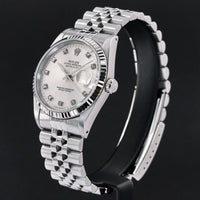Rolex Datejust, 36mm, 1991, Fullset, ref. 16234, Staal, Zilveren wijzerplaat met kleine diamanten, Geserviced.