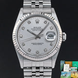 Rolex Datejust, 36mm, 1991, Fullset, ref. 16234, Staal, Zilveren wijzerplaat met kleine diamanten, Geserviced.