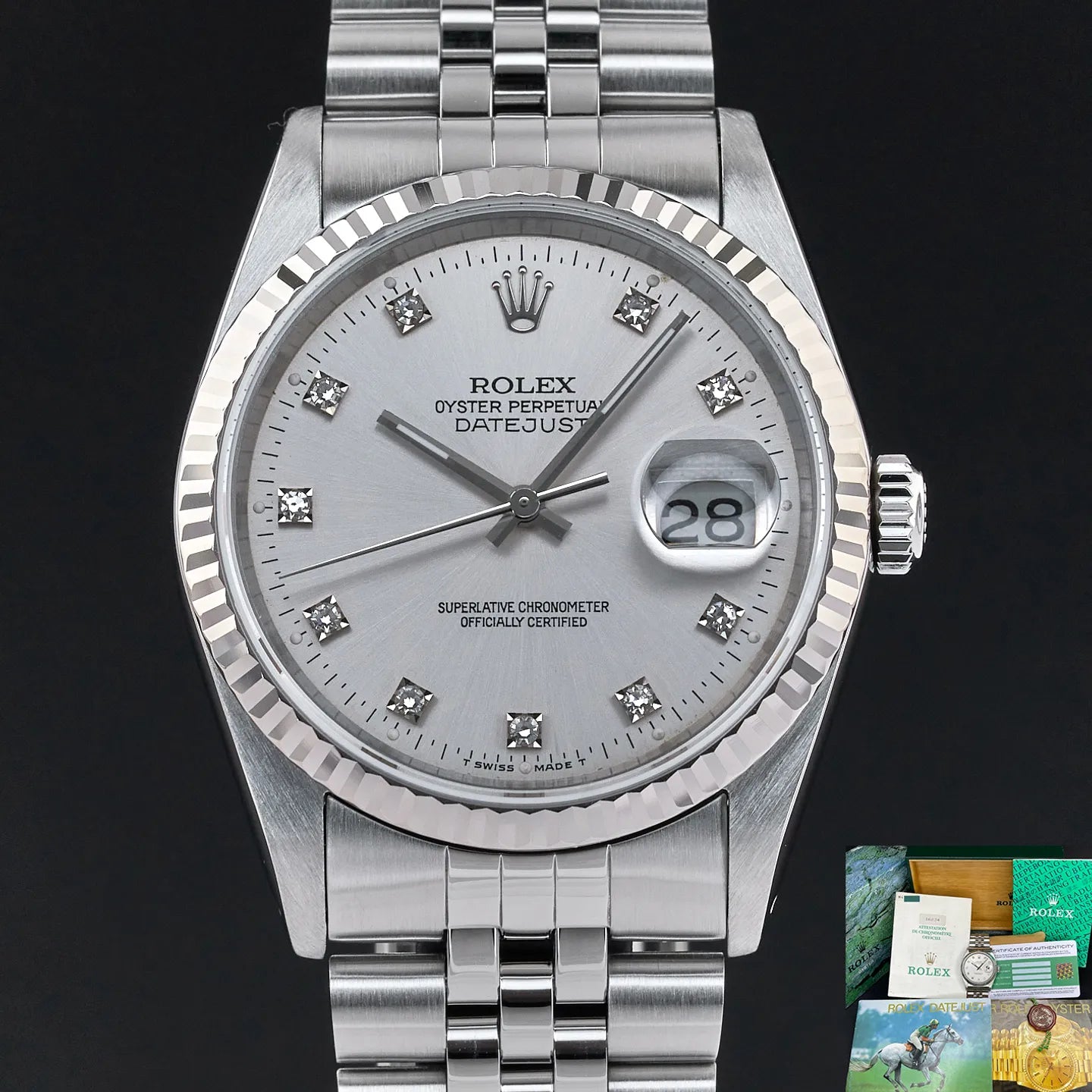 Rolex Datejust, 36mm, 1991, Fullset, ref. 16234, Staal, Zilveren wijzerplaat met kleine diamanten, Geserviced.