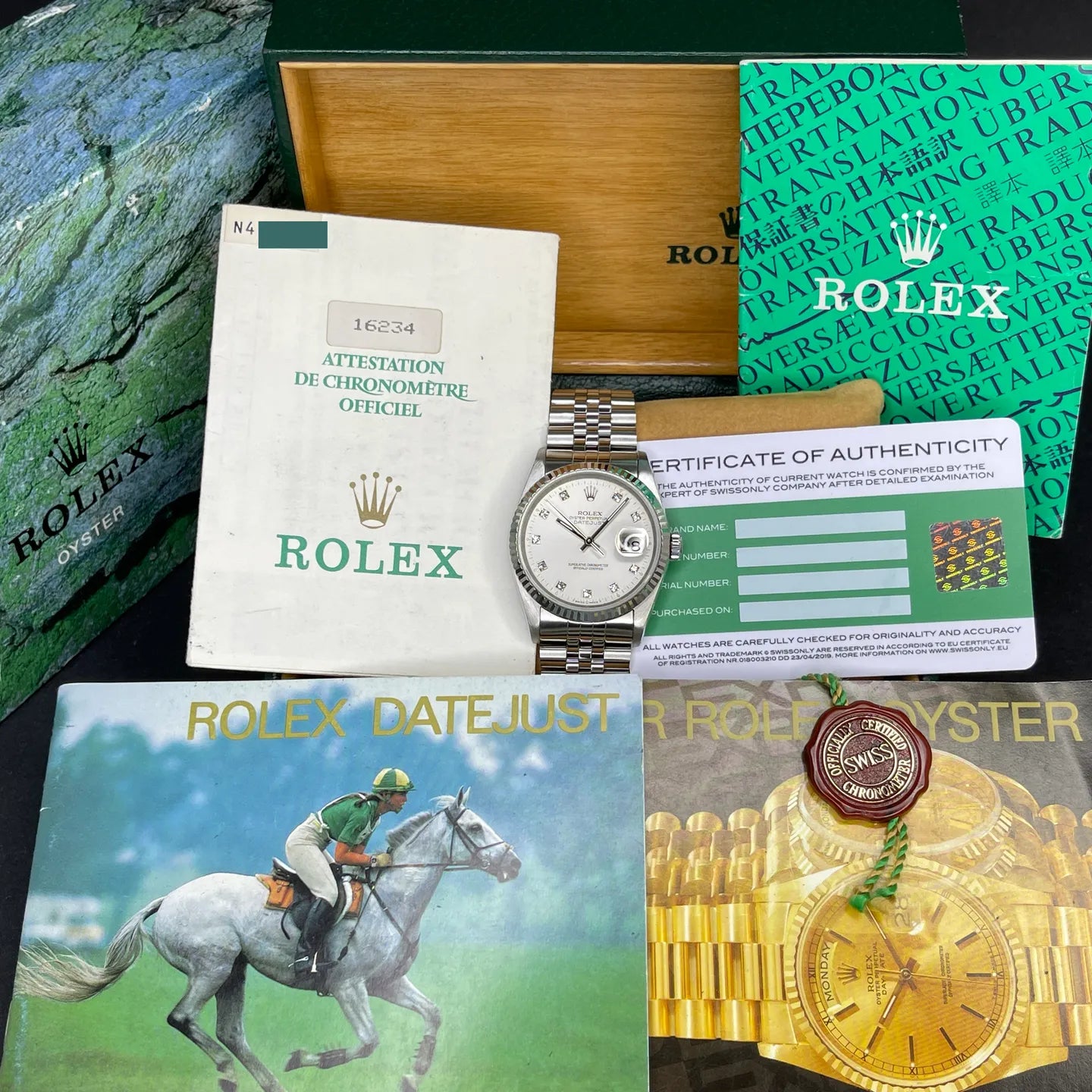 Rolex Datejust, 36mm, 1991, Fullset, ref. 16234, Staal, Zilveren wijzerplaat met kleine diamanten, Geserviced.