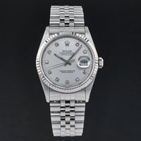 Rolex Datejust, 36mm, 1991, Fullset, ref. 16234, Staal, Zilveren wijzerplaat met kleine diamanten, Geserviced.