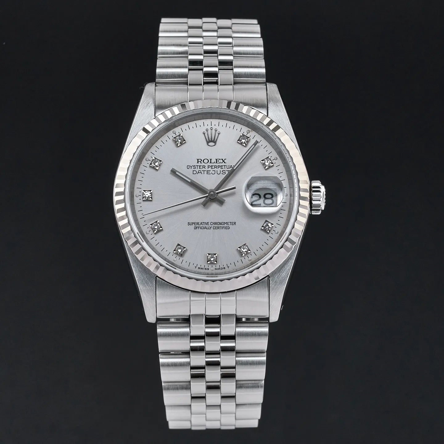 Rolex Datejust, 36mm, 1991, Fullset, ref. 16234, Staal, Zilveren wijzerplaat met kleine diamanten, Geserviced.