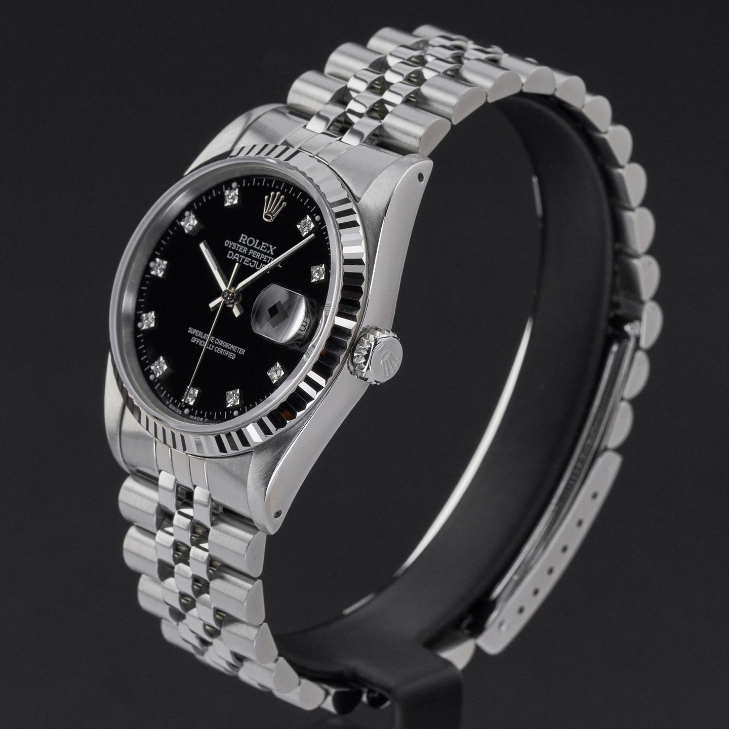 ROLEX OYSTER PERPETUAL DATEJUST 16234 ZWART KLEIN DIAMANTEN WIJZERPLAAT ROESTVRIJ STAAL