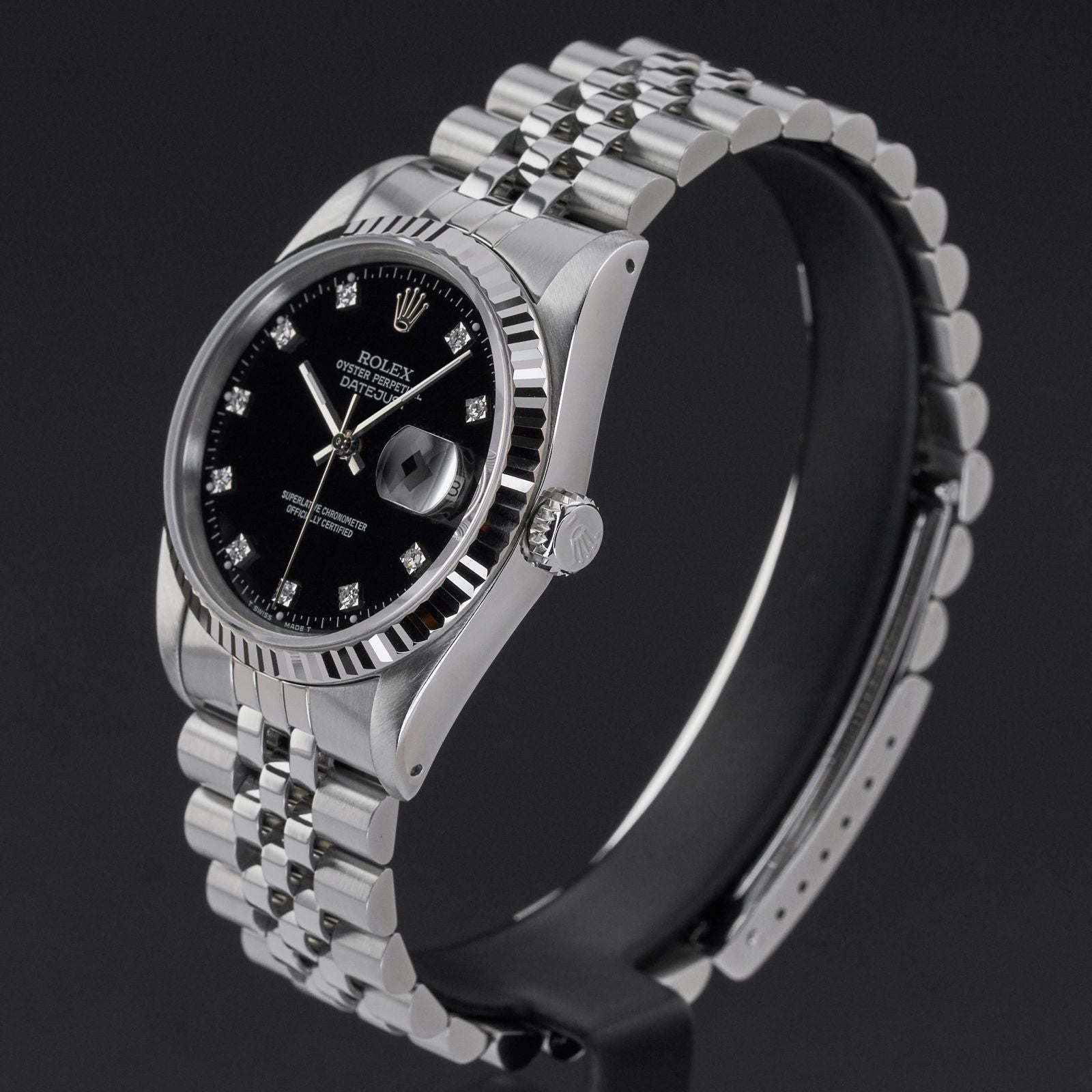 ROLEX OYSTER PERPETUAL DATEJUST 16234 ZWART KLEIN DIAMANTEN WIJZERPLAAT ROESTVRIJ STAAL